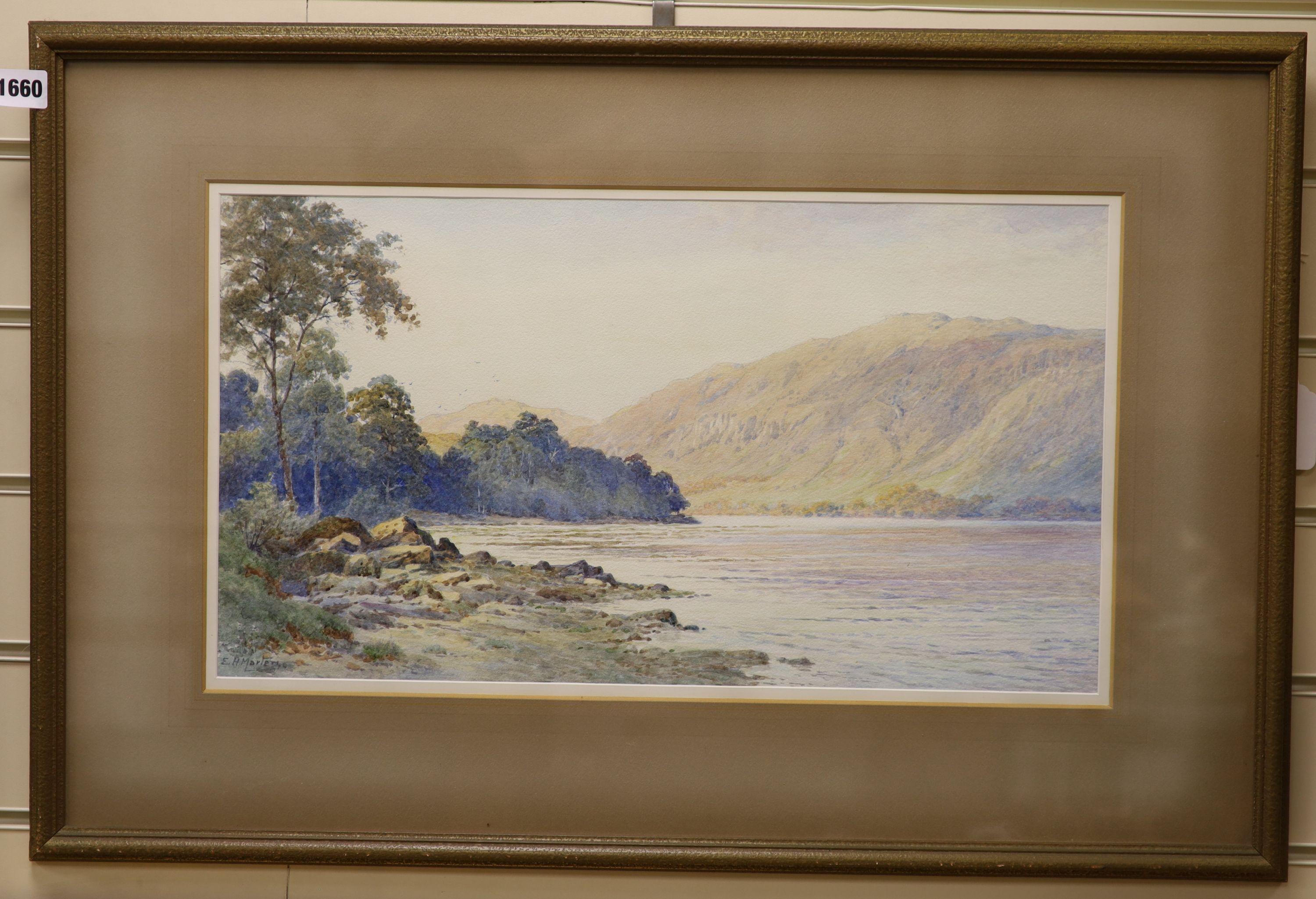 Elliot Henry Marten (fl.1886-1910), ‘Loch Lomond, near Inversnaid’, watercolour, signed, Aldridge Bros, Worthing label verso, 28 x 51cm.